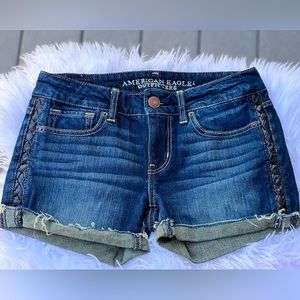 AEO Dark Denim Shorts with Braided Leather Side Seams